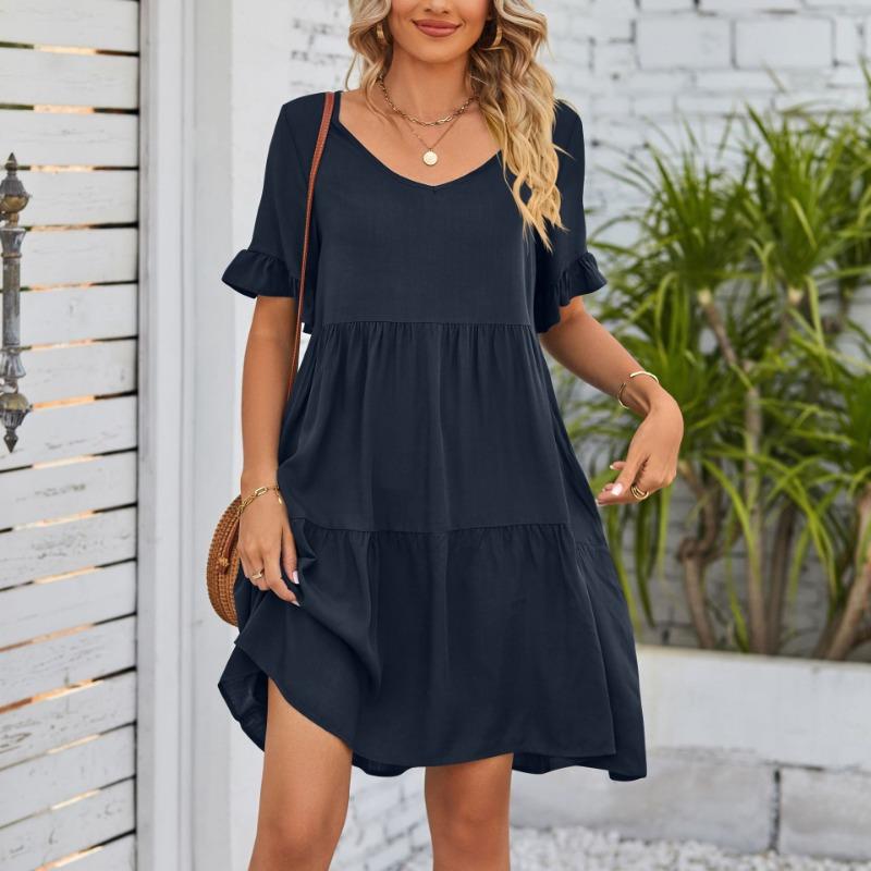 Women's Dress Summer Casual V-Neck Babydoll Pleated Dresses