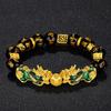 Vietnamese Sand Gold Color-Changing Pixiu Leather Bracelet with Obsidian Six Character Mantra - Unisex Douyin Style.