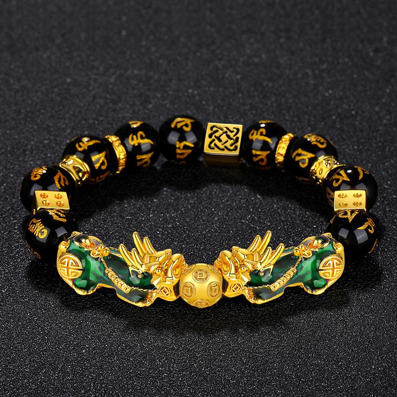 Vietnamese Sand Gold Color-Changing Pixiu Leather Bracelet with Obsidian Six Character Mantra - Unisex Douyin Style.