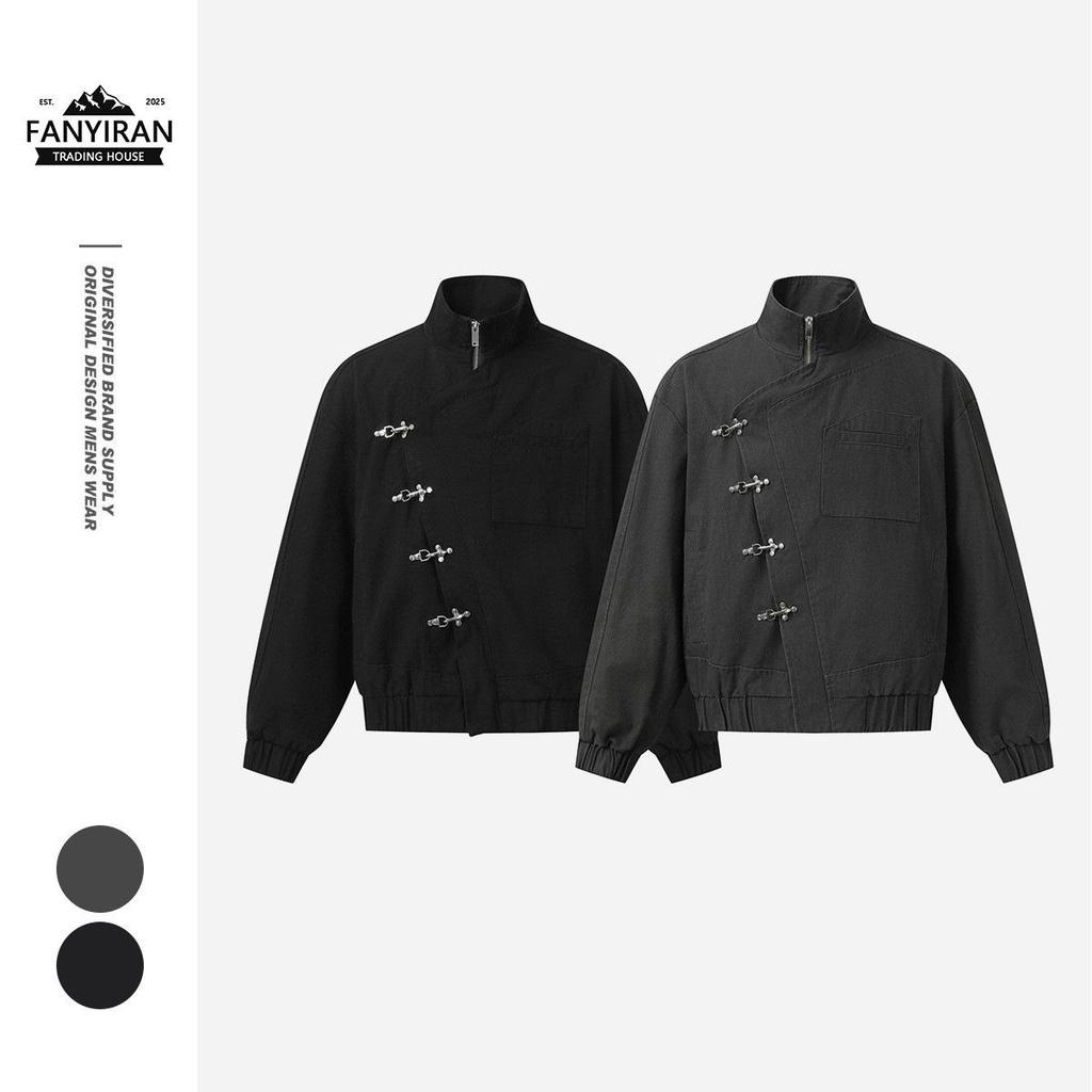 CTOSRCZ Guochao Men's Stand Collar Workwear Jacket - Trendy, Loose Fit for Spring and Autumn CJ07