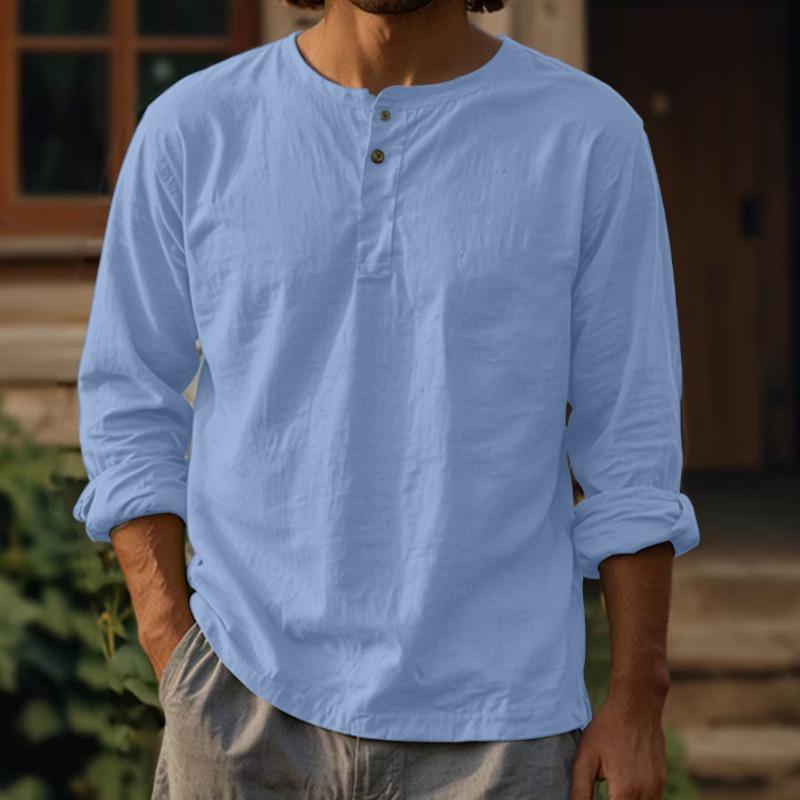Мужская новая хлопково-льняная однотонная рубашка с длинным рукавом, футболка, круглый вырез, перекрестная застежка на пуговицы, две пуговицы, лен