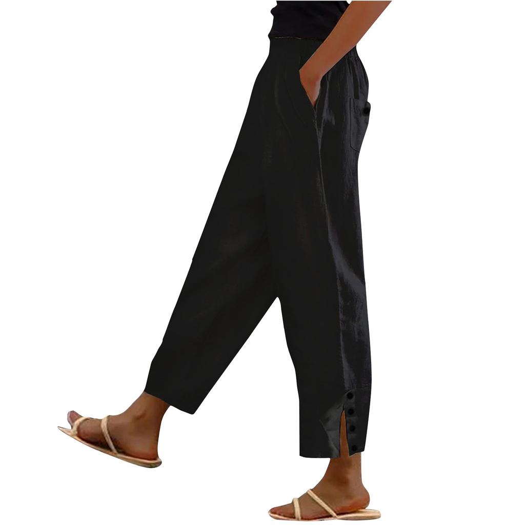 Женские летние модные свободные повседневные однотонные брюки из хлопка и льна с разрезом на пуговицах и карманами