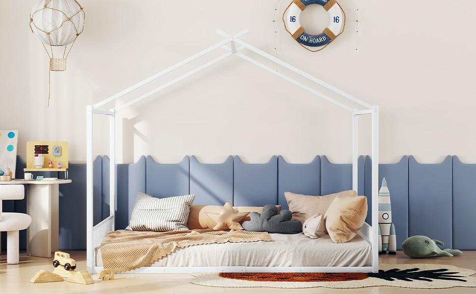 Upholstered Bed, 140 x 200cm, Without Mattress, Iron Frame Bed, Children's Bed, House Strip, White