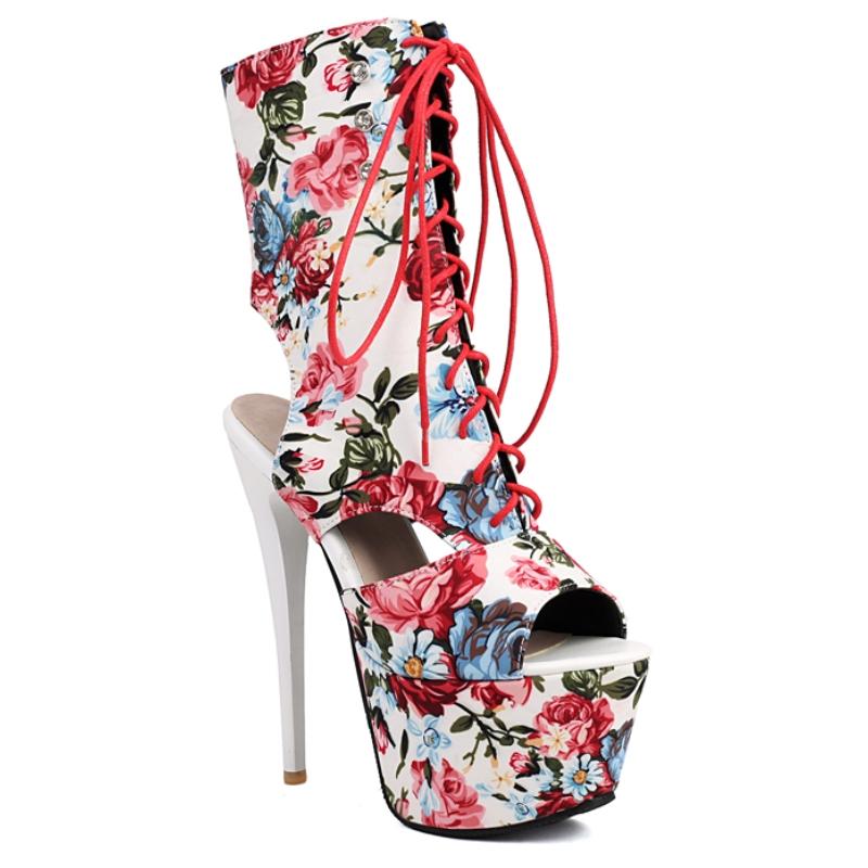 Platform Ankle Boots for Women 2025 Summer Peep Toe Flower Short Dance Boot Lace-up High Heel Party Fetish Shoe Lady Big Size 45