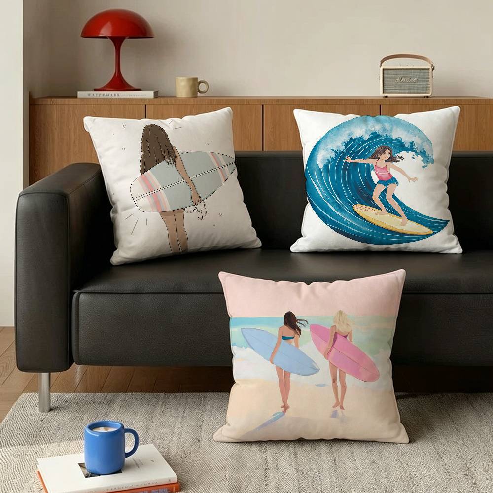 Surfboard Surfing Art Surf Girl Various Sizes Square Pillow Case For Car Home Bedchamber Decor
