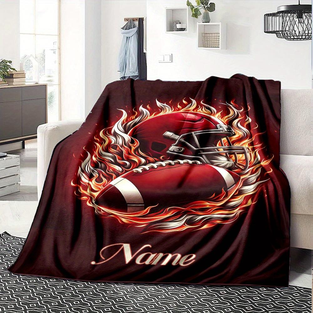 Football Helmet And Ball With Flames Blanket With Customizable Name Four Seasons Comfortable Shawl Blanket Suitable For Home Travel Camping Office