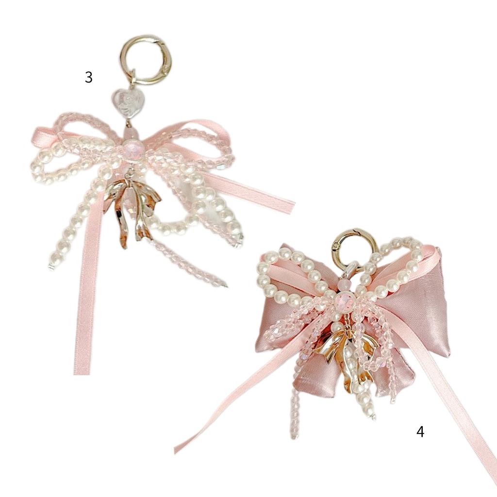 Elegant White Bowknot Keychain With Pearls Accent Sweet Charm Backpack Rings Handmade Jewelry Bag Pendant Gift for Women