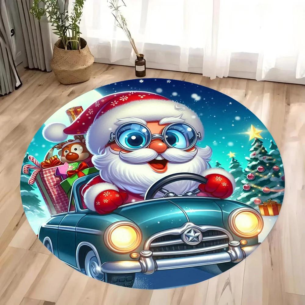 Christmas Gnome and Reindeer Circular Carpet Living Room Bedroom Mat Festive Atmosphere Decorated Christmas Tree Home Rug