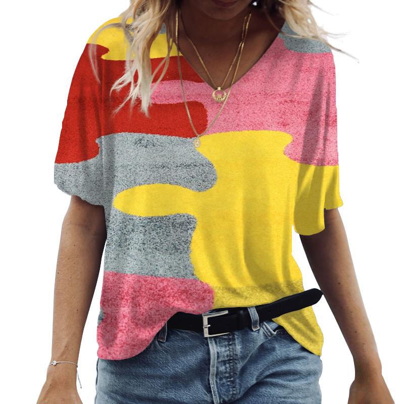 Womens Vneck Short Sleeve Abstract Curve Printed Tops Loose Tshirt Casual Blouse