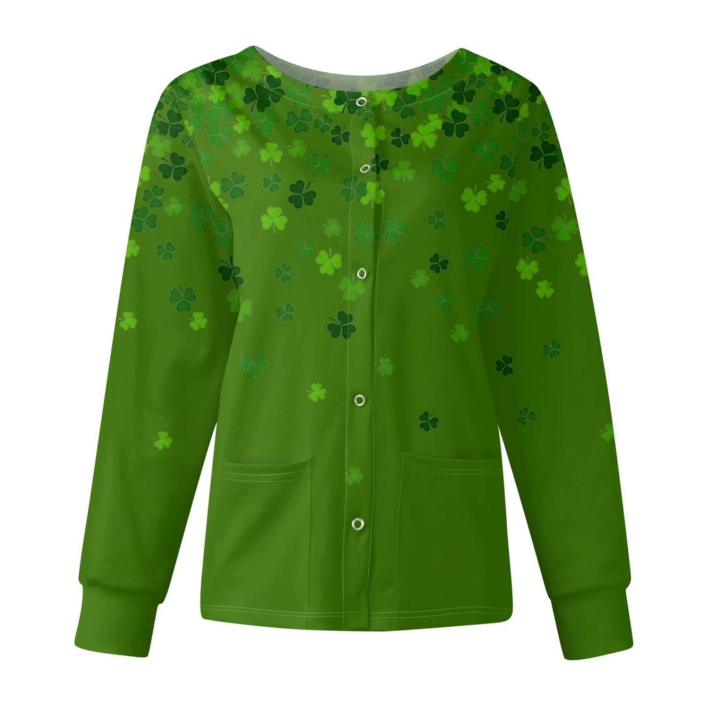 Женская мода с длинным рукавом и воротником-стойкой, однобортная, с принтом ко Дню Святого Патрика
