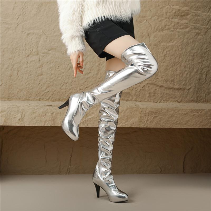 8/Women's High Heel Boots Sexy Gold Silver Steel Pipe Dance Boots Large Over Knee Boots