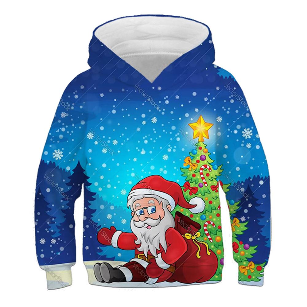 Children's Hoodie Cute Cartoon Christmas Tree Santa Claus Pattern Fun Kids Spring Autumn Hooded Coat Casual Long Sleeve Clothes