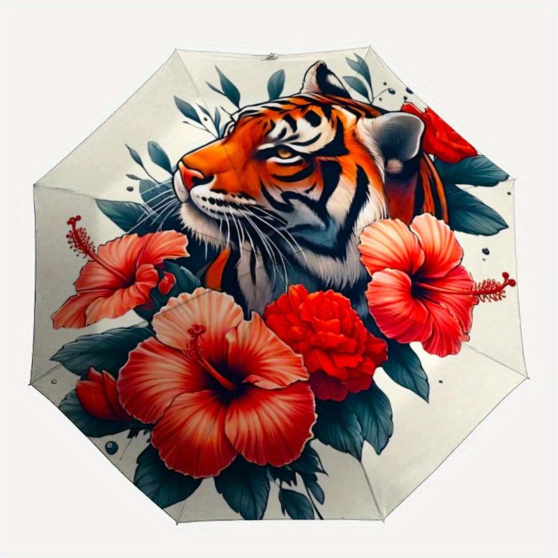 1pc Tiger Floral Print Automatic Open/close, All-Season Portable Folding Umbrella for Friends, Travel, Everyday yy250812213