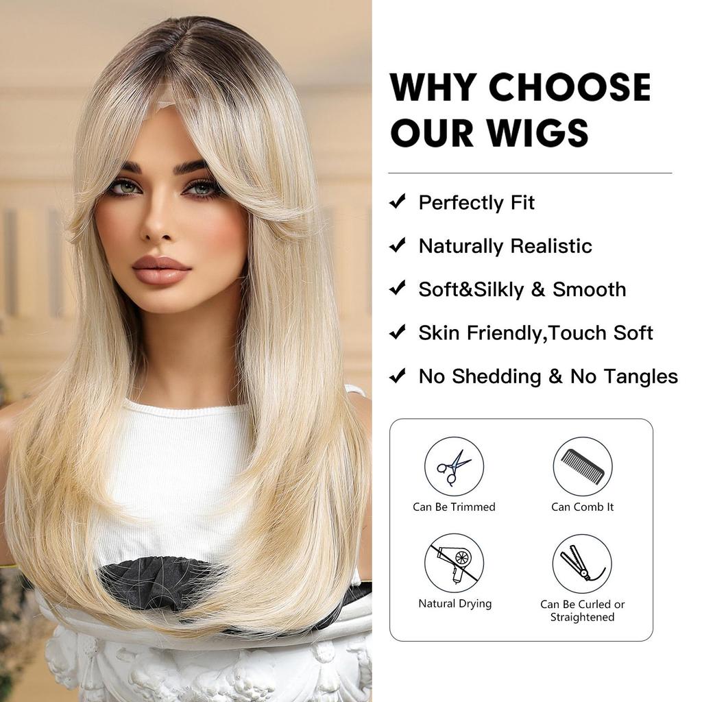 ALAN EATON Длинные прямые парики из кружевных волос, парик с эффектом омбре, блонд, коричневый, с челкой, термостойкое волокно