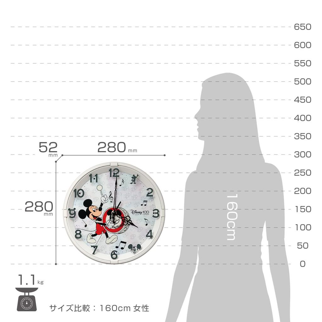 RHYTHM Disney 100th Anniversary Disney 100 Wall Clock Dial Changes When It Gets Dark Silent White 8MG817MC72 (Mickey Mouse) 28×5.2cm