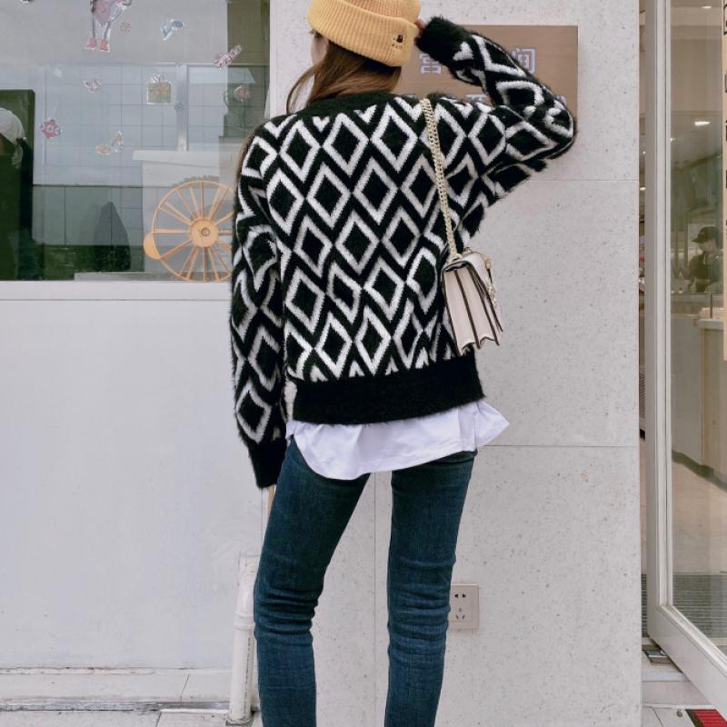 Women's Argyle Sweater Long Sleeve Vintage Female Pullover Fall Winter Korean Jumpers Loose Casual Knitwear Tops