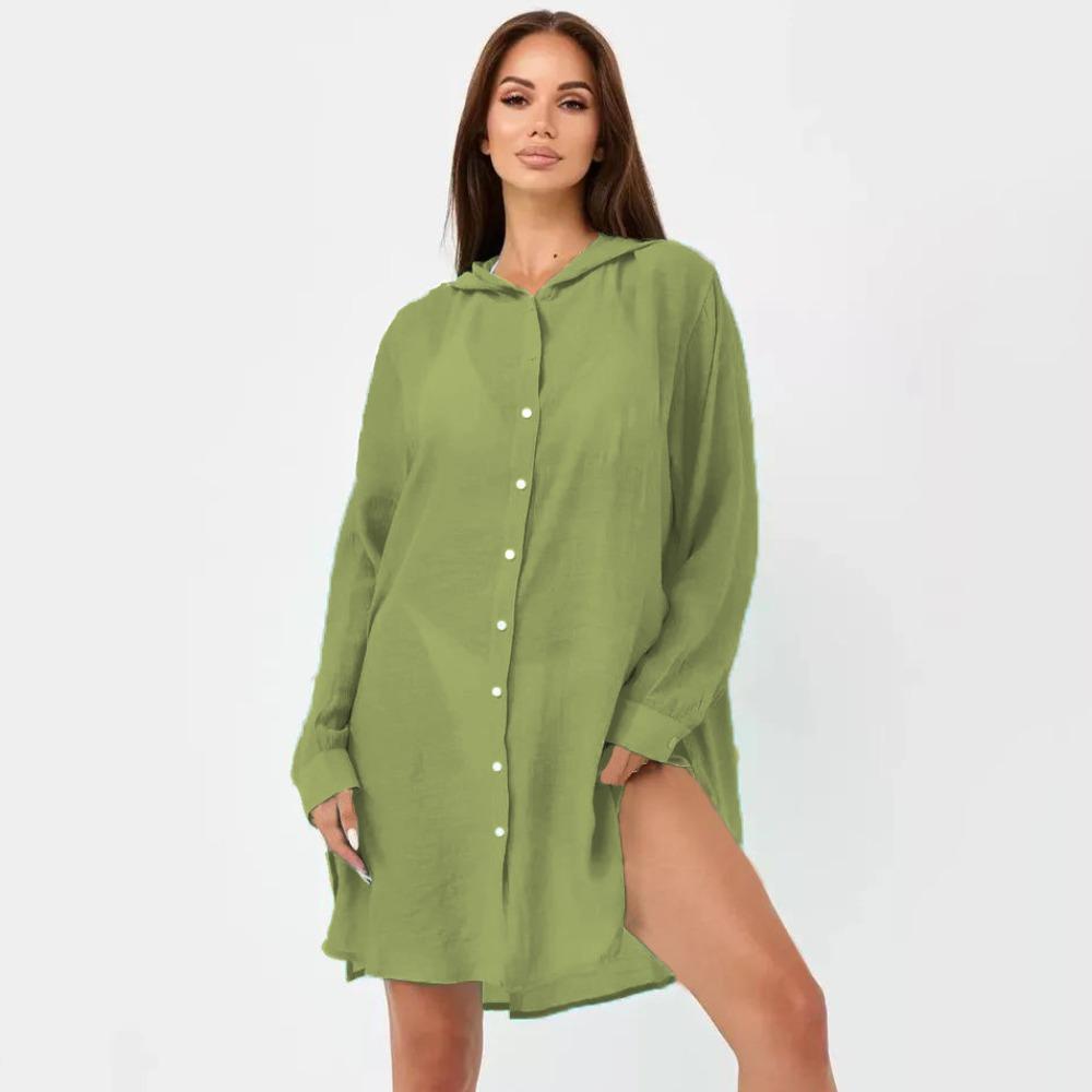 Solid Color Button Down Tunic Dress Long Sleeve Blouse Tops Beach Bikini Cover-up Vacation Outfit