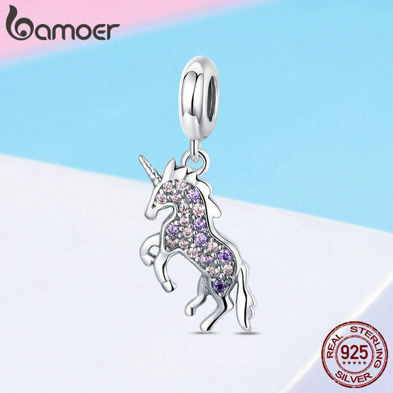 BAMOER 925 Sterling Silver Cute Pony Pendant Colorful CZ Animal Charms Fit Women Jewelry