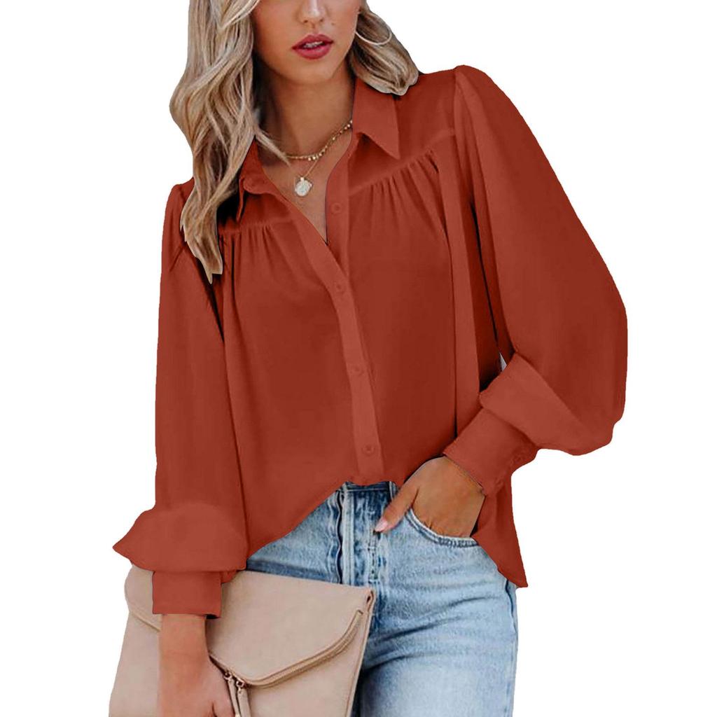 Women's Long Sleeve Ruched Stand Collar Lantern Sleeve Shirt