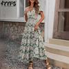Женская мода лето весна цветочный узор принт с коротким рукавом V-образным вырезом с высокой талией повседневные платья