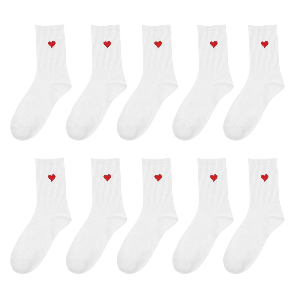 3/5/10/20 Pairs of Women's Crew Socks, White, Heart Pattern, Comfortable, Breathable, Moisture-Wicking