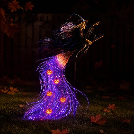 Waterproof Resin Witch Figurine Solar Halloween Garden Stake Light, Metal Flying Broomstick Decorative Broom Accents Pathway Light with Waterfall