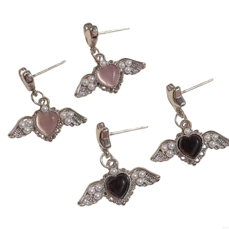 Sweet Cool Angel Wing Heart Pearls Earrings Lightweight for Girls H8WF