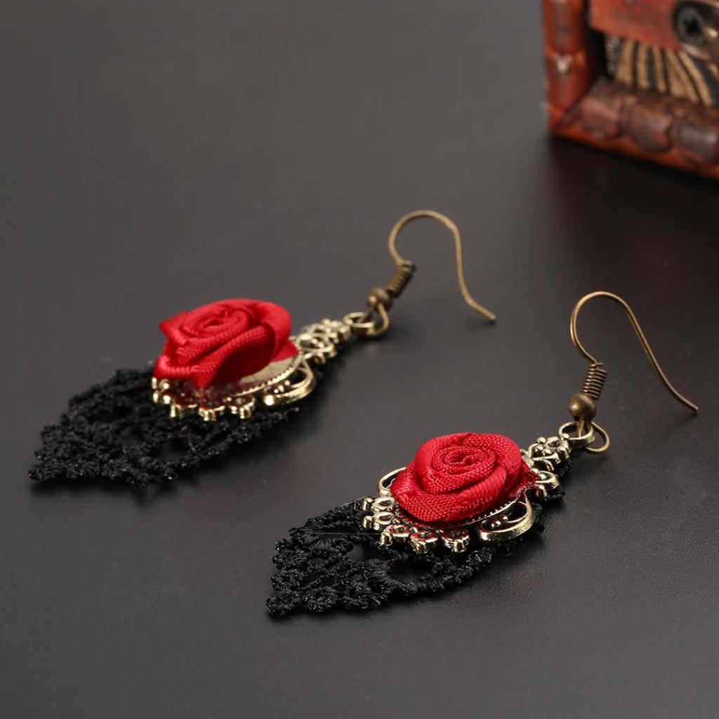 1 пара винтажных готических сережек-подвесок с черным кружевом и красными цветами в стиле Хэллоуин ARI