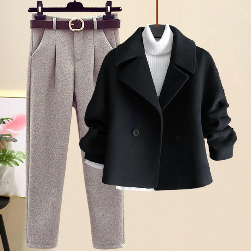 Autumn and Winter Woolen Coat + Turtleneck Sweater + High Waist Harlan Woolen Pants Three-piece Fashion Suit