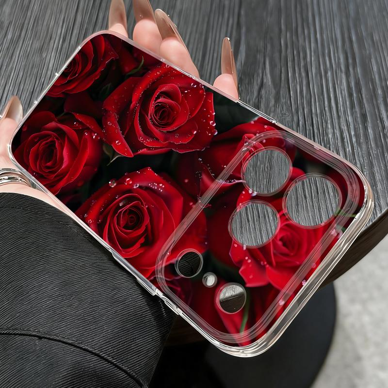 Чехол с узором алой красной розы для iPhone 17 Pro Max Coque iPhone 16 15 14 13 Pro Max 11 Прозрачный силиконовый мягкий чехол из ТПУ