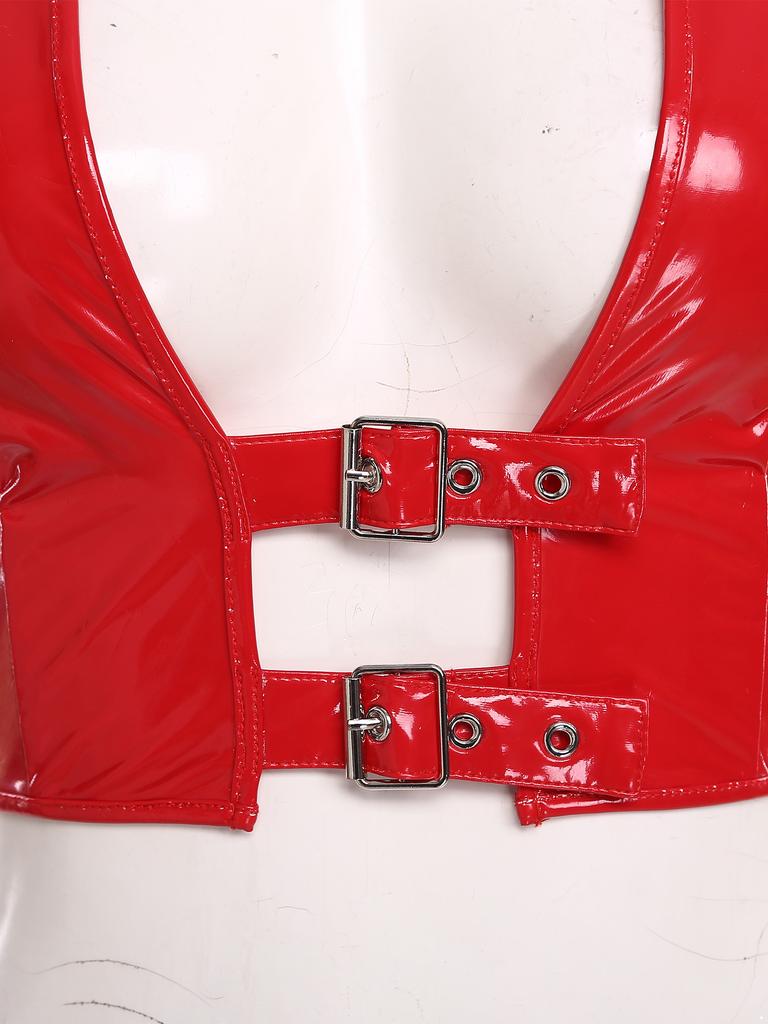 Womens Wet Look PU Crop Top Open Front Adjustable Buckles Cap Sleeve Crop Corset Glossy Clubwear