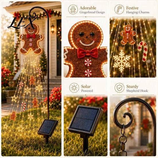 Festive Yard Stake Lights Gingerbread Solar Garden Light, Waterproof Outdoor Light with Warm Powered Snowman Alternatives Waterfall LED, Pathway Lamp