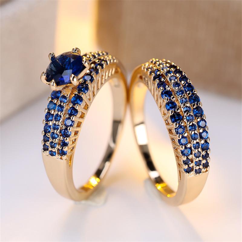 2 шт./комплект, золотистый цвет, круглый ограненный синий камень, кольцо-коготь, обручальное кольцо, ювелирные изделия на День святого Валентина