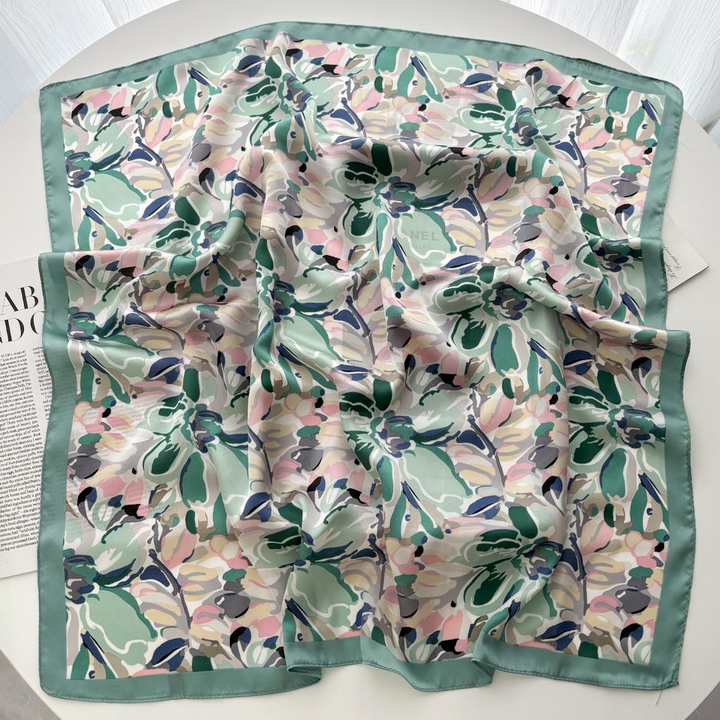 Luxury Silk 70cm Square Scarf For Women Bandanas Elegant Hairband For Ladies Green Floral Print Neckerchief Hijab Bag Ribbon