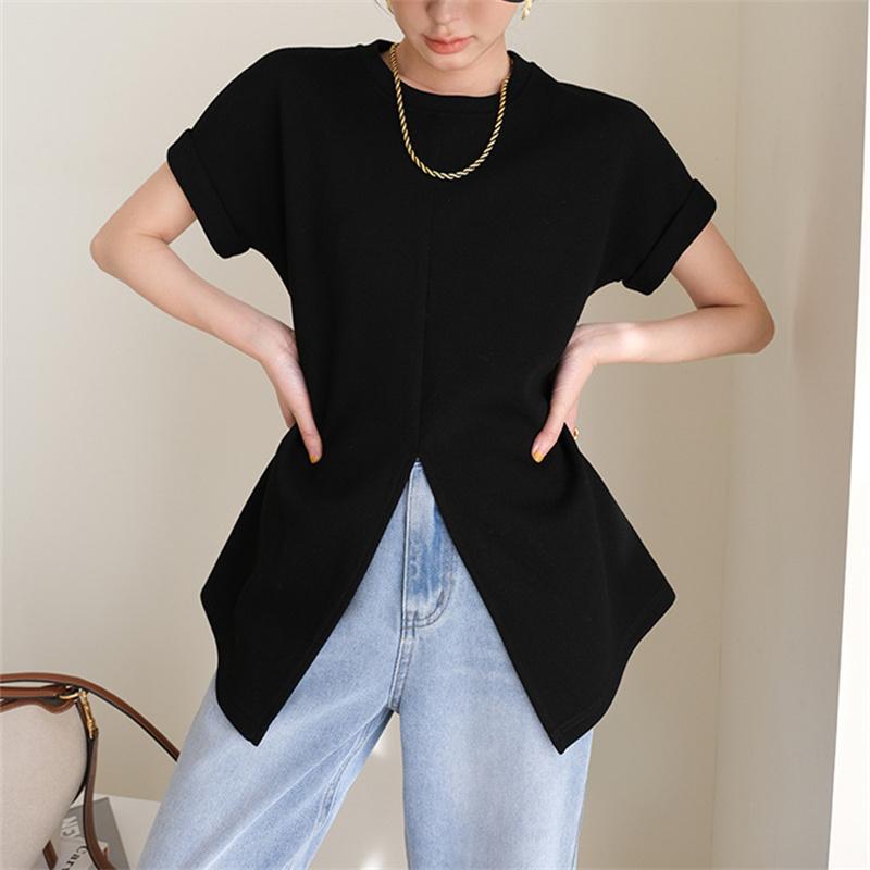 2022 Summer Solid Simple Elegant Ladies Tops Fashion Harajuku Dovetail Split Design Short Sleeve Tshirts Women O-neck Folds Slim