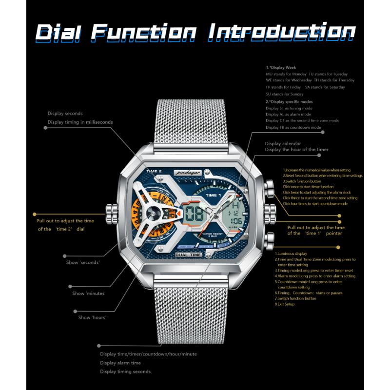 POEDAGAR Новые Роскошные Мужские Часы с Двойным Дисплеем, Дата, День Недели, Люминесцентные Светодиодные Мужские Часы, Сетчатый Ремешок, Электронные Спортивные Мужские Кварцевые Часы