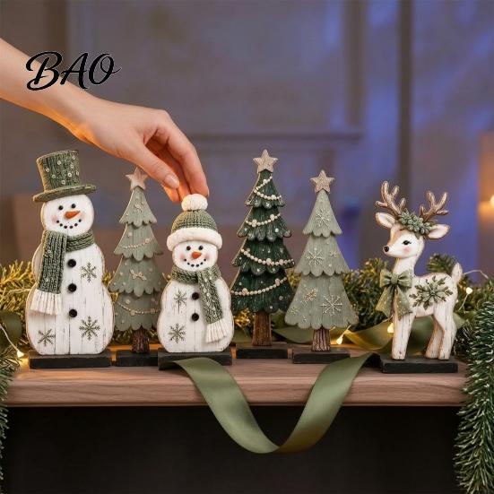 Decorative Items for Windowsills 7Pcs Christmas Snowman Tree Reindeer Figurines, 2D Wooden Tiered Tray Holiday Wood Ornaments Decor, Rustic Farmhouse