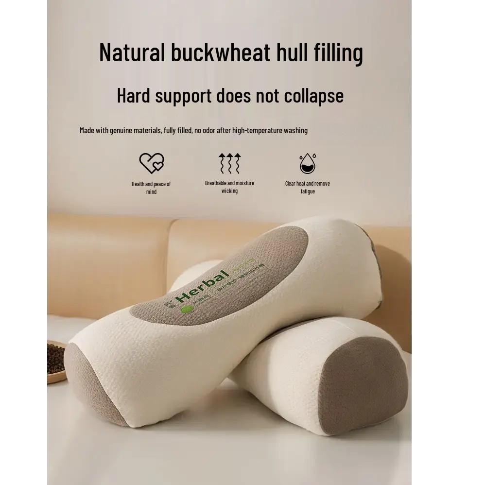 Buckwheat Neck Support Pillow - Cylindrical, Firm, for Adult Sleep and Neck Protection.