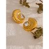 Yhpup Summer Metal Striped Shell Cubic Zirconia Stud Earrings 18K Gold Color Plated Stainless Steel High Quality Daily Jewelry
