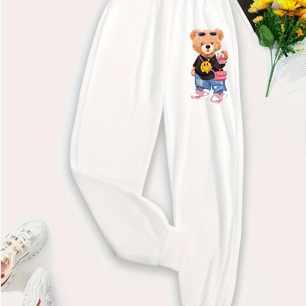 Carton Pattern Bear Printing Casual Basic Women Britches, Loose Fashion Trousers With Drawstring Pockets Sweatpants Female New