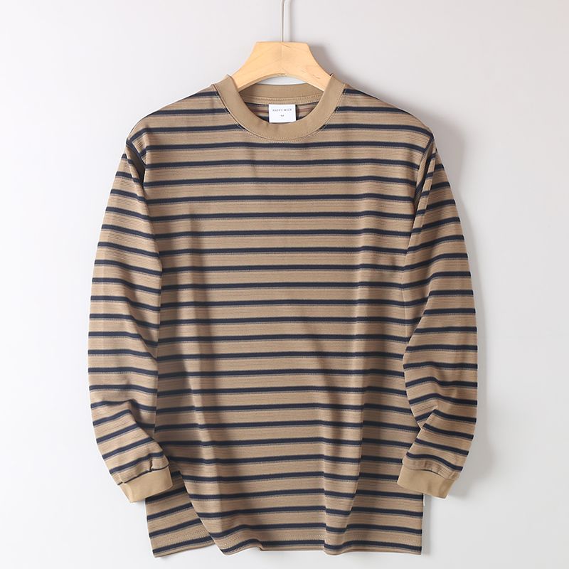 Мужская футболка с длинным рукавом в полоску, двойная пряжа, с биркой для экспорта, излишков внешней торговли, осенняя, свободная, повседневная, с круглым вырезом, базовая