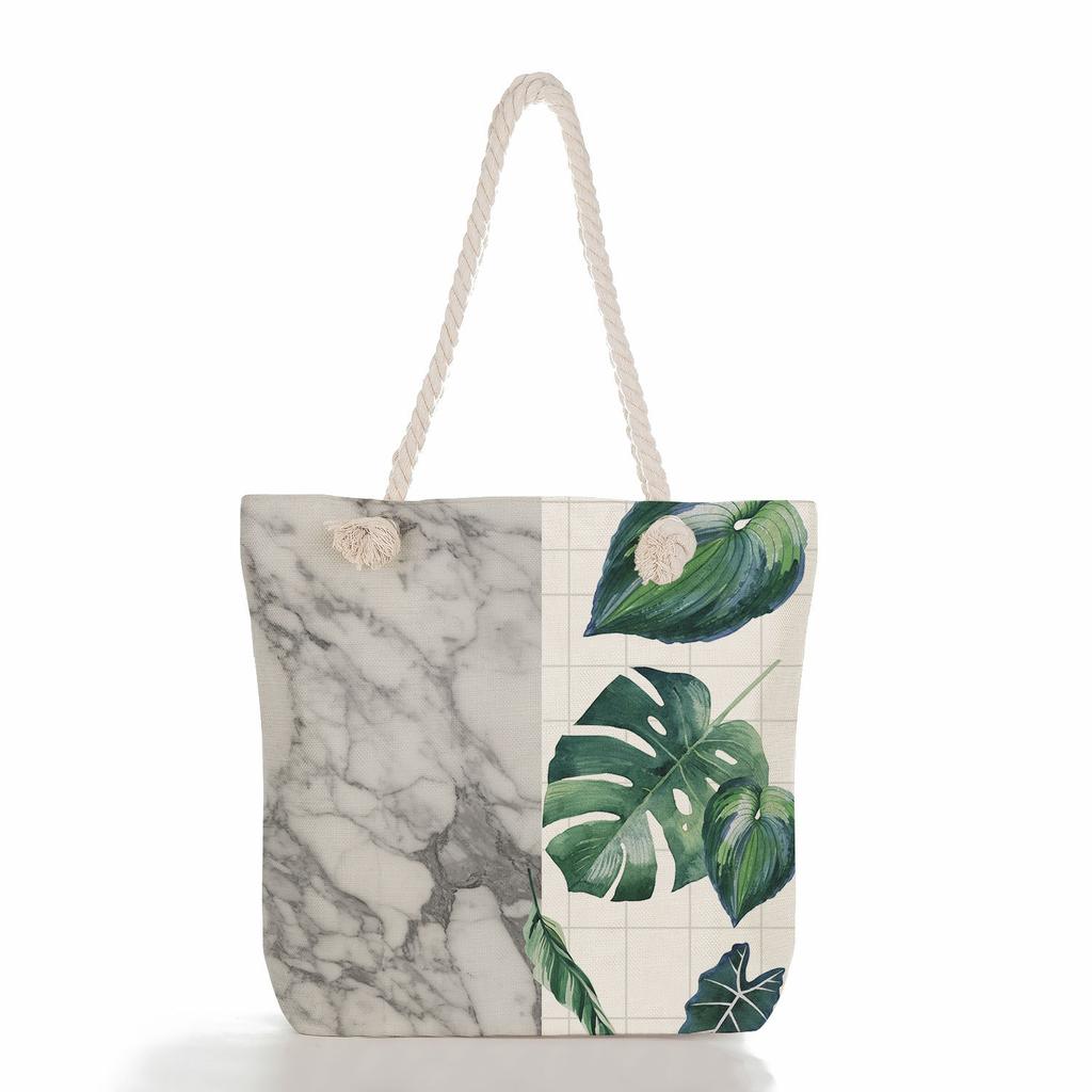 Marble green leaves print thick rope single-shoulder beach bag 7273 CLE