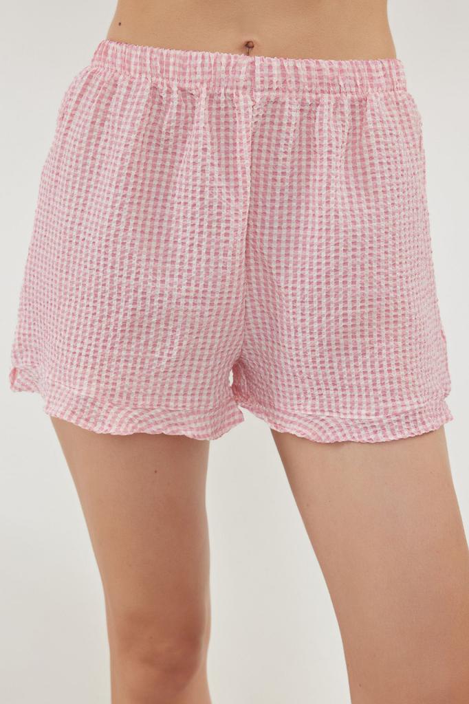 Women's Fashion Pink Textured Gingham Pajama Set with Binding Ribbon Bow Detail