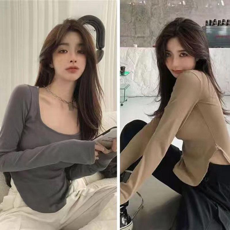 Женские однотонные футболки с длинными рукавами и квадратным воротником, весенне-осенние новые тонкие повседневные топы с U-образным подолом, рубашки для девочек