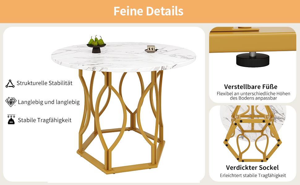 Dining table set (5-piece), round dining table with 100 cm diameter and golden metal legs, white MDF tabletop, dining chairs made of dark green velvet