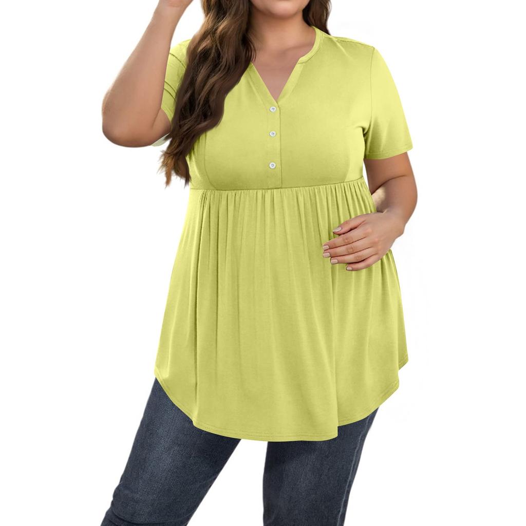 Women's Solid Color Large Size V Neck Button-Up Top Casual Short Sleeve Flowy Top