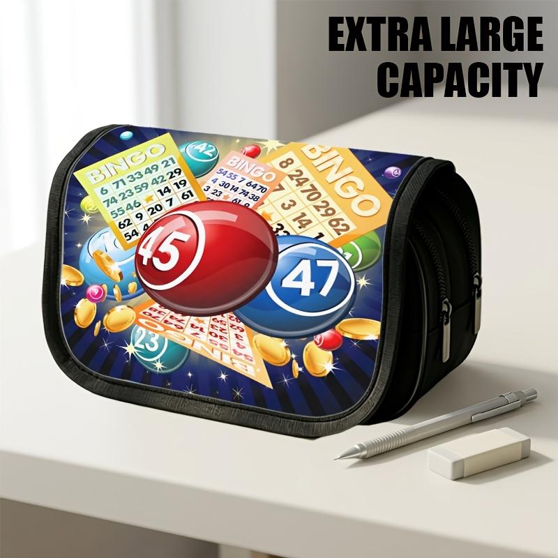 1pc Double Layer Flip Pencil Case, Red Ball Blue Ball Golden Coins Bingo Cards, Large Capacity, Portable Polyester Pen Storage Bag with Zipper Closure