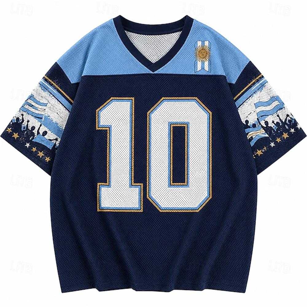 Vintage Football Jersey Argentina Three Star No10 Print V Neck Short Sleeve Loose Sport Tees Street Shirt Unisex Daily T Shirts