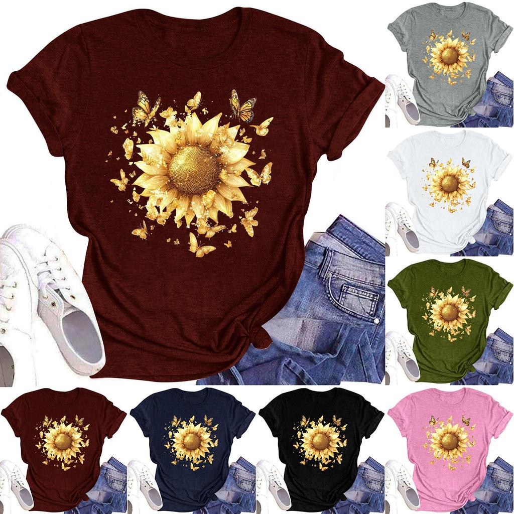 Женская повседневная футболка с круглым вырезом и цветочным принтом, короткий рукав