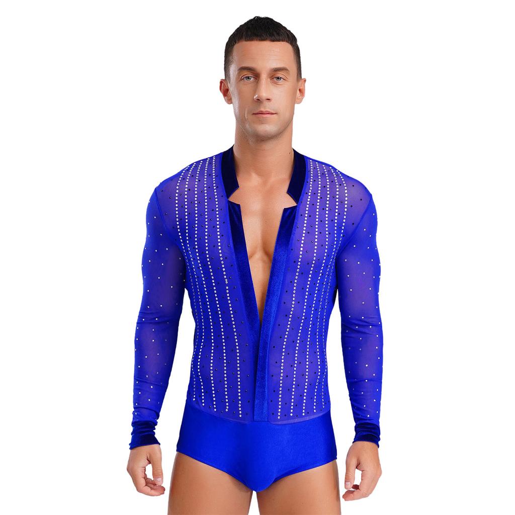 Men Latin Dance Leotard Mesh Long Sleeve Deep V Neck Velvet Shiny Rhinestones Bodysuit